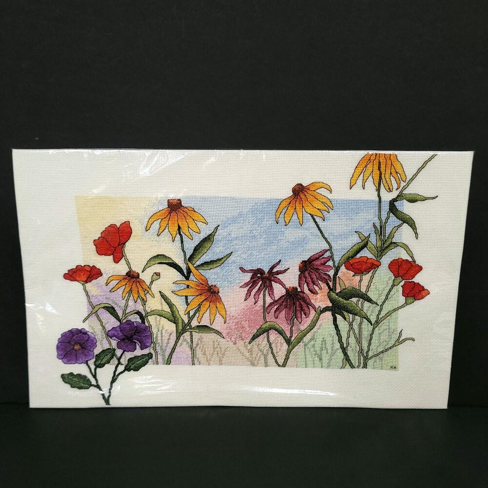 Handmade Completed Cross Stitch Wildflower Garden Floral Cottagecore Art Work